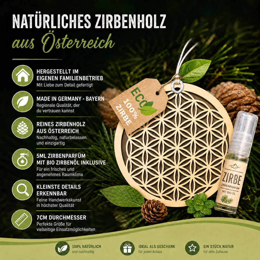 Alpenduft Zirben Duftbaum "Blume des Lebens", Lufterfrischer inkl. 5ml Bio Zirbenspray