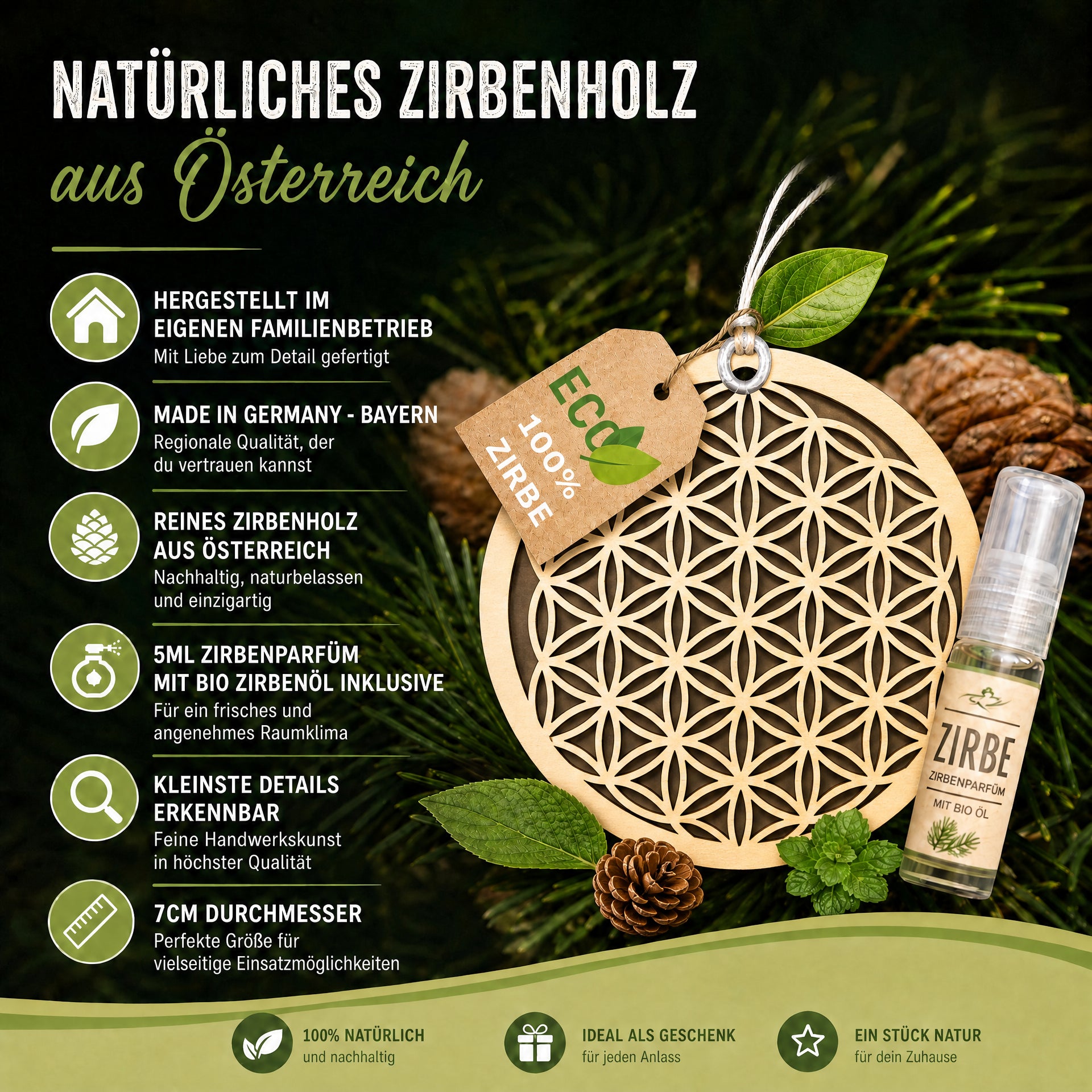 Alpenduft Zirben Duftbaum "Blume des Lebens", Lufterfrischer inkl. 5ml Bio Zirbenspray
