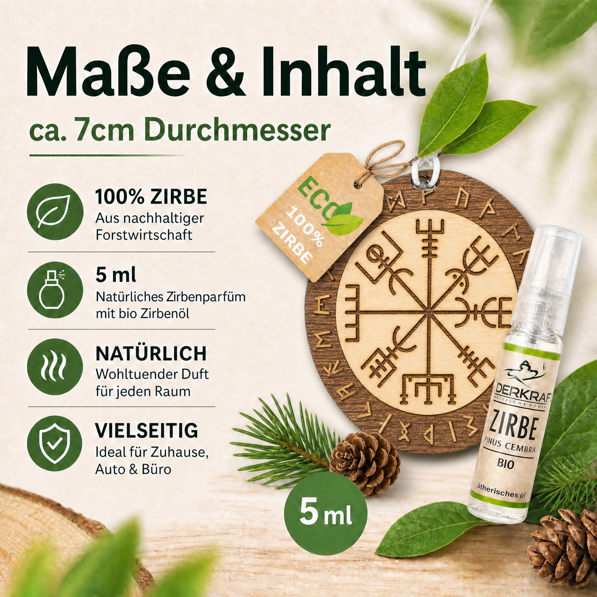 Alpenduft Zirben Duftbaum "Schutzrune", Lufterfrischer inkl. 5ml Bio Zirbenspray