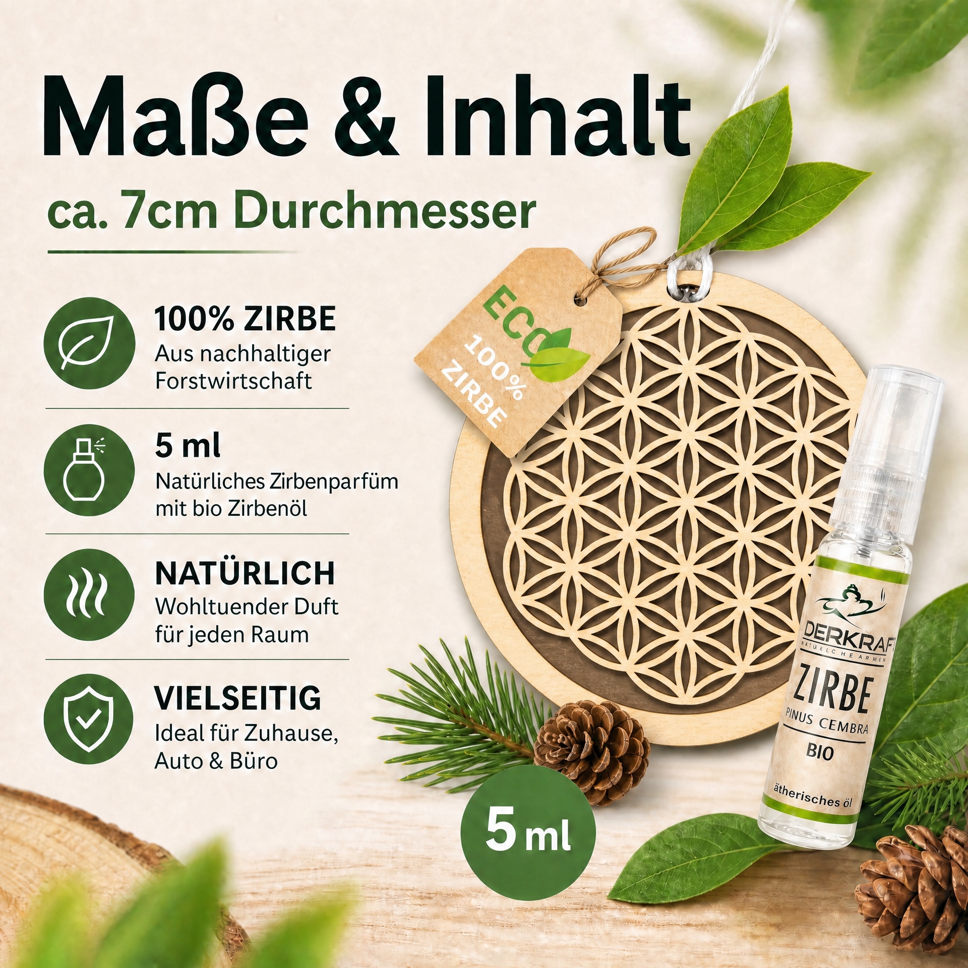 Alpenduft Zirben Duftbaum "Blume des Lebens", Lufterfrischer inkl. 5ml Bio Zirbenspray
