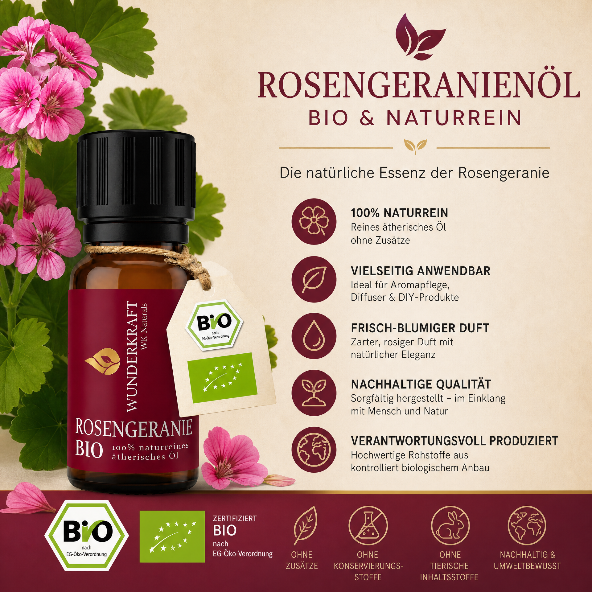 Sanfte Harmonie "ROSENGERANIENÖL BIO" 😴Beruhigung & Schlaf - 🌿 Haut & Pflege