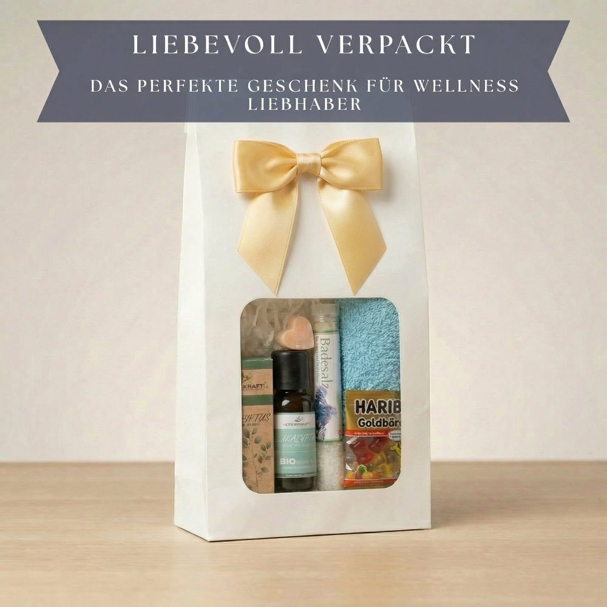 Wellness Geschenktuete mit Badesalz, Seife, Handtuch, Eukalyptusöl, Kerze im Glas und was süsses - Geschenk Frauen, Freundin, Oma - Wunderkraft naturals