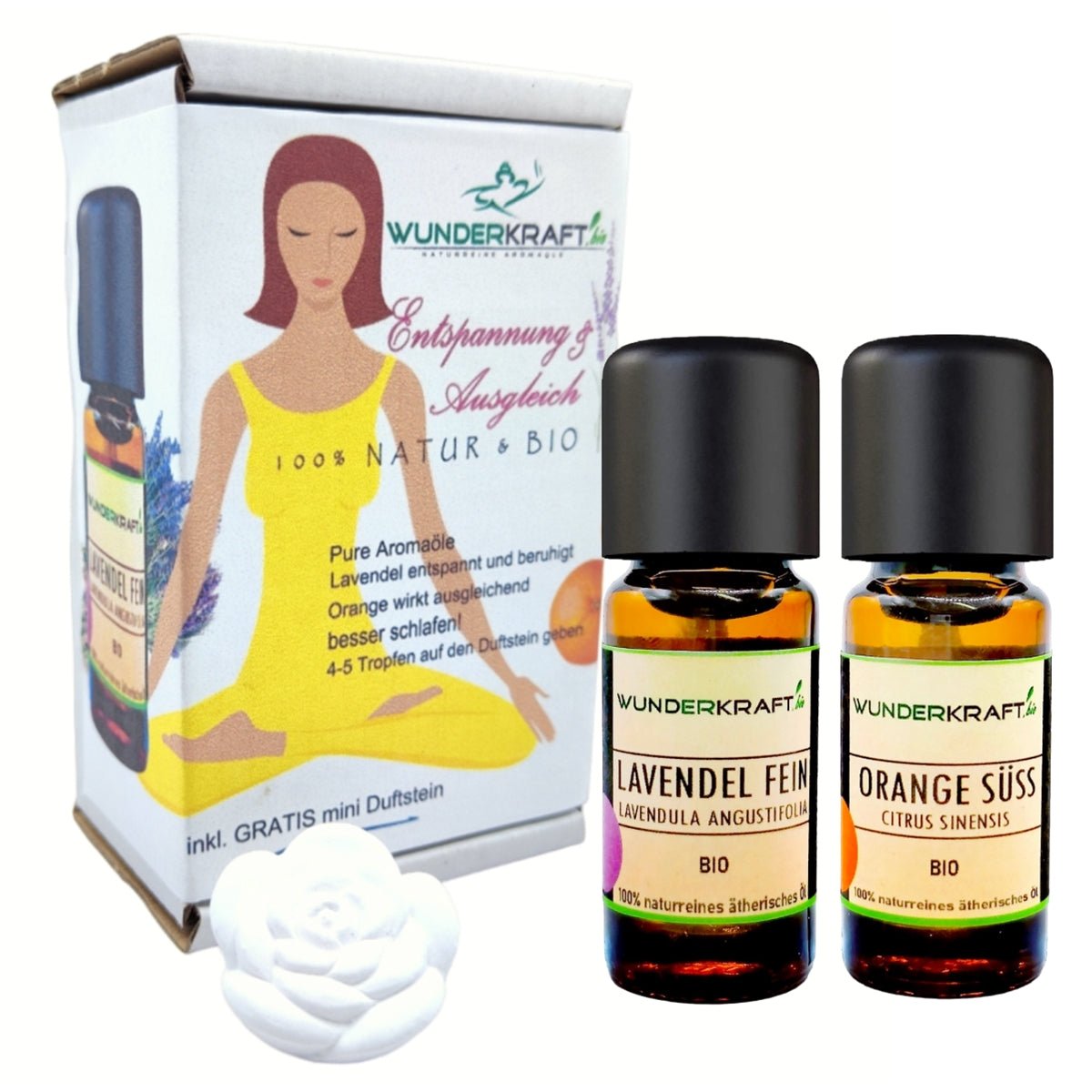 Yoga Set zur Entspannung und Ausgleich, Lavendelöl + Orangenöl + Duftstein - Wunderkraft.bio