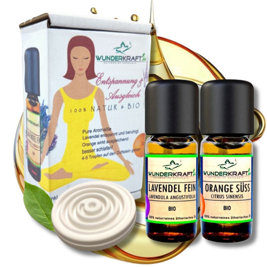 Yoga Set zur Entspannung und Ausgleich, Lavendelöl + Orangenöl + Duftstein - Wunderkraft.bio von Wunderlampe.bio