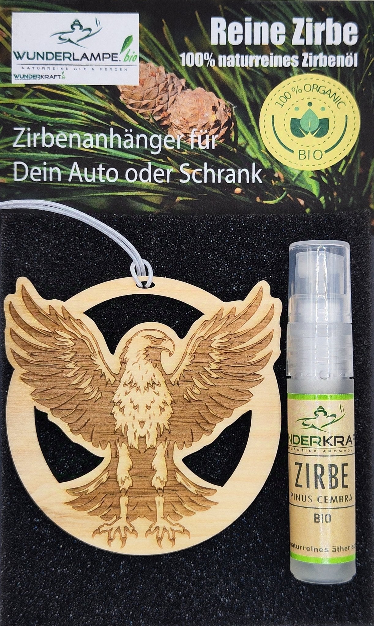 Zirben Duftbaum "ADLER", Lufterfrischer inkl. 5ml 100% naturreinen Bio Zirbenöl - Wunderkraft.bio