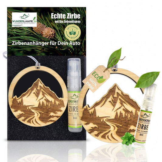 Zirben Duftbaum Anhänger "BERGE", Lufterfrischer inkl. 5ml Bio Zirbenspray - Wunderkraft.bio von Wunderlampe.bio