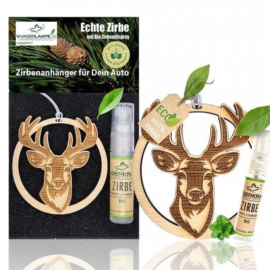 Zirben Duftbaum Anhänger "HIRSCH", Lufterfrischer inkl. 5ml Bio Zirbenspray - Wunderkraft.bio von Wunderlampe.bio