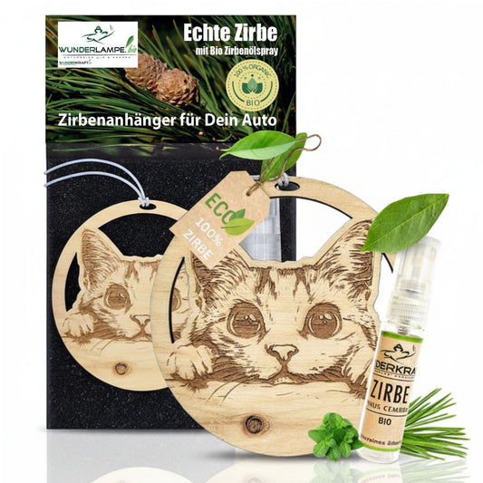 Zirben Duftbaum Anhänger "KATZE", Lufterfrischer inkl. 5ml Bio Zirbenspray - Wunderkraft.bio von Wunderlampe.bio
