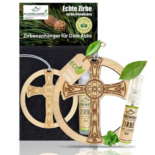 Zirben Duftbaum Anhänger "KREUZ", Lufterfrischer inkl. 5ml Bio Zirbenspray - Wunderkraft.bio von Wunderlampe.bio