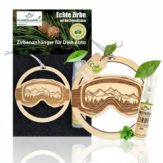 Zirben Duftbaum Anhänger "SKIBRILLE", Lufterfrischer inkl. 5ml Bio Zirbenspray - Wunderkraft.bio von Wunderlampe.bio