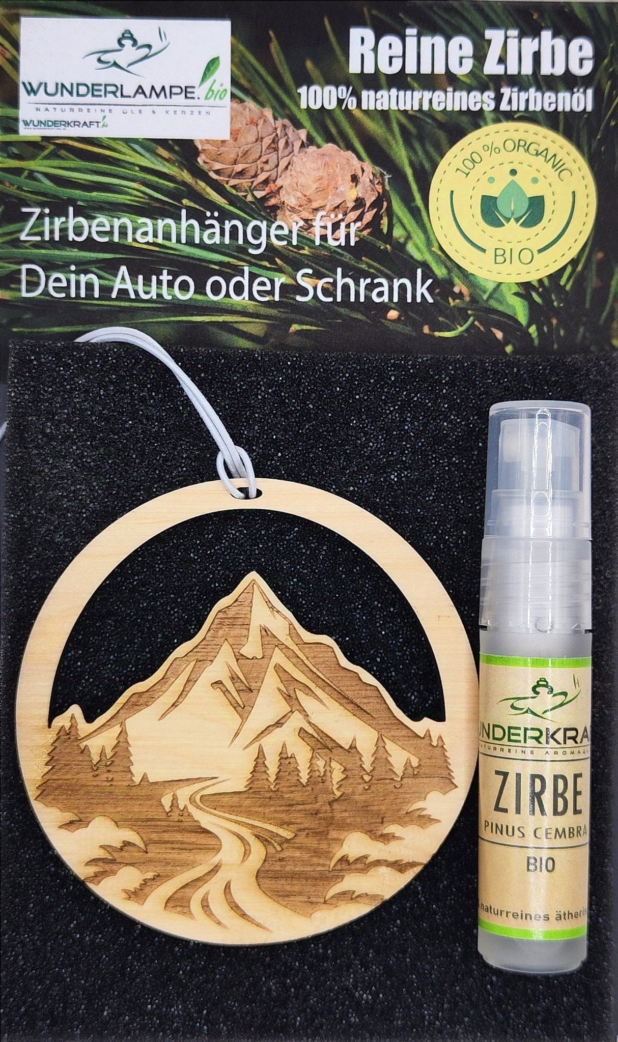 Zirben Duftbaum "BERGE", Lufterfrischer inkl. 5ml 100% naturreinen Bio Zirbenöl - Wunderkraft.bio