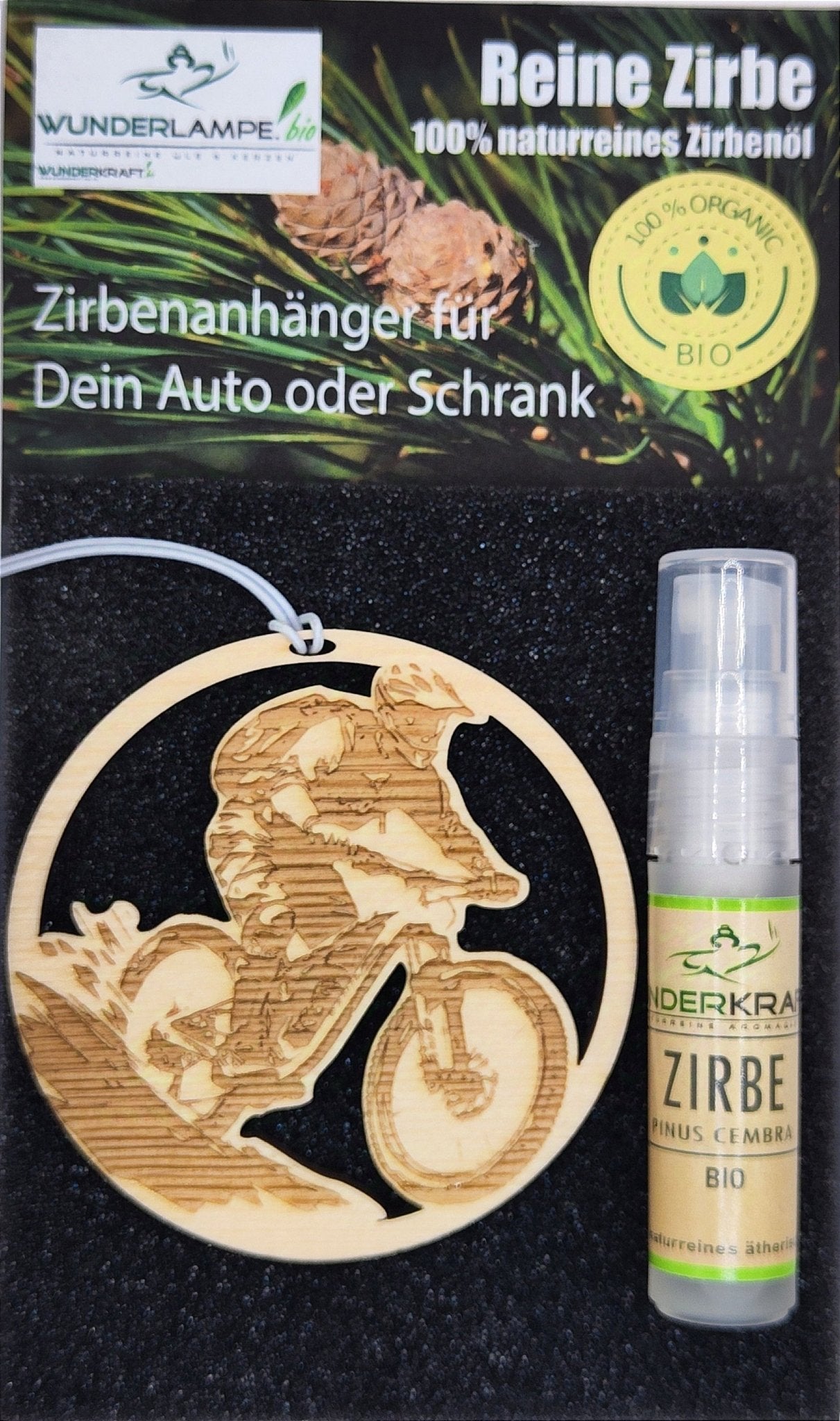 Zirben Duftbaum "BIKE", Lufterfrischer inkl. 5ml 100% naturreinen Bio Zirbenöl - Wunderkraft.bio