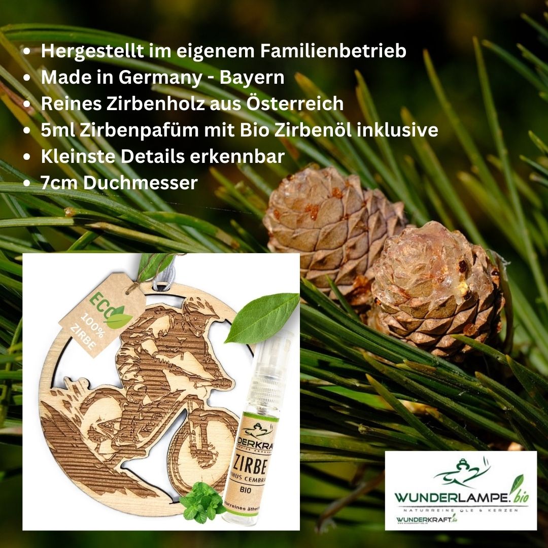 Zirben Duftbaum "BIKE", Lufterfrischer inkl. 5ml Bio Zirbenölspray - Wunderkraft.bio von Wunderlampe.bio