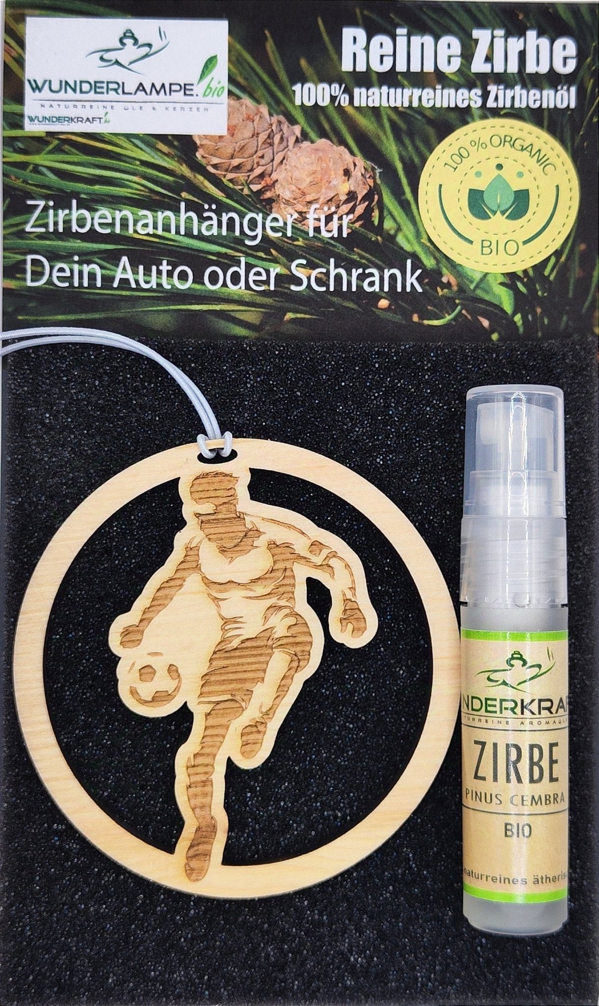 Zirben Duftbaum "Fussballer", Lufterfrischer inkl. 5ml 100% naturreinen Bio Zirbenöl - Wunderkraft.bio