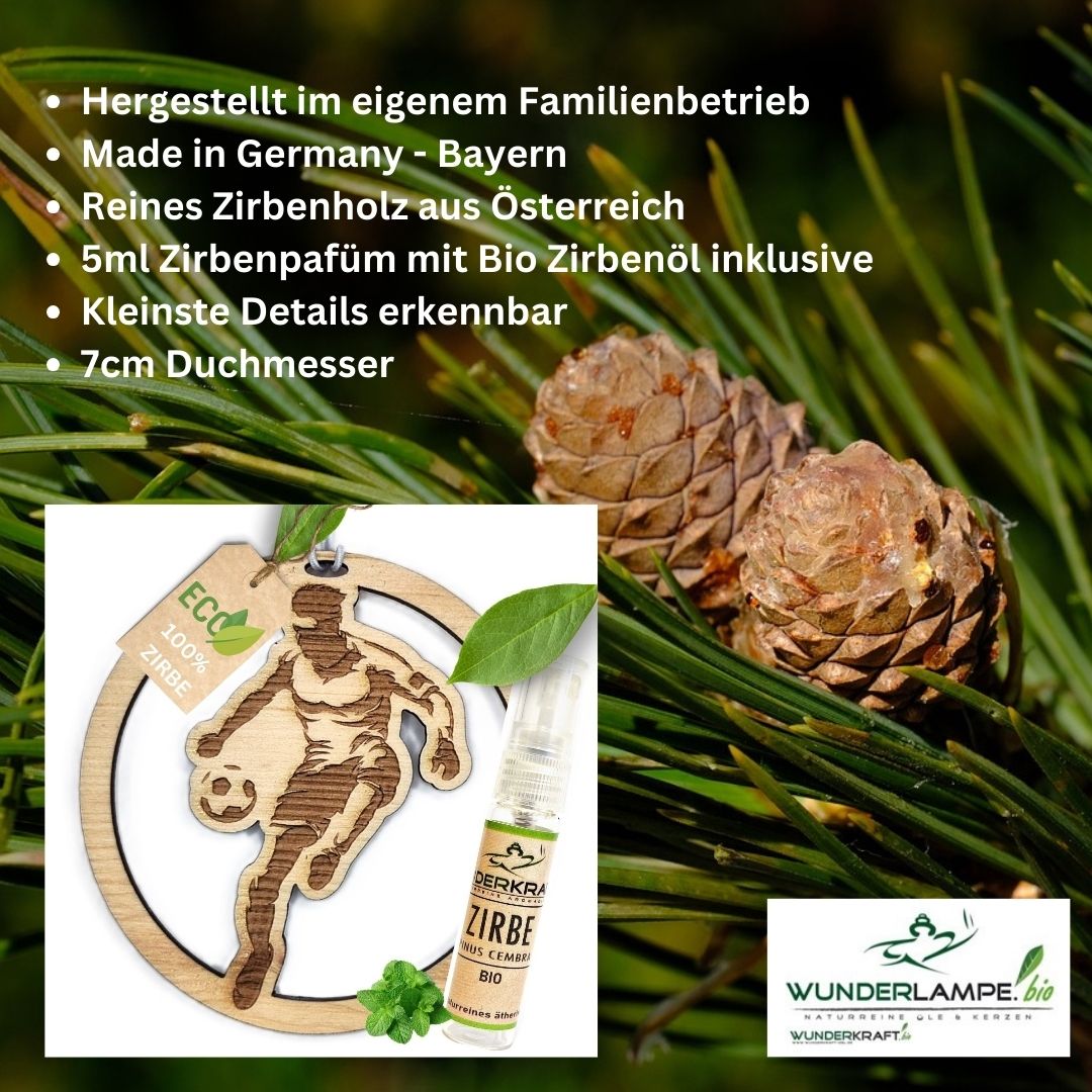 Zirben Duftbaum "Fussballer", Lufterfrischer inkl. 5ml Bio Zirbenölspray - Wunderkraft.bio von Wunderlampe.bio