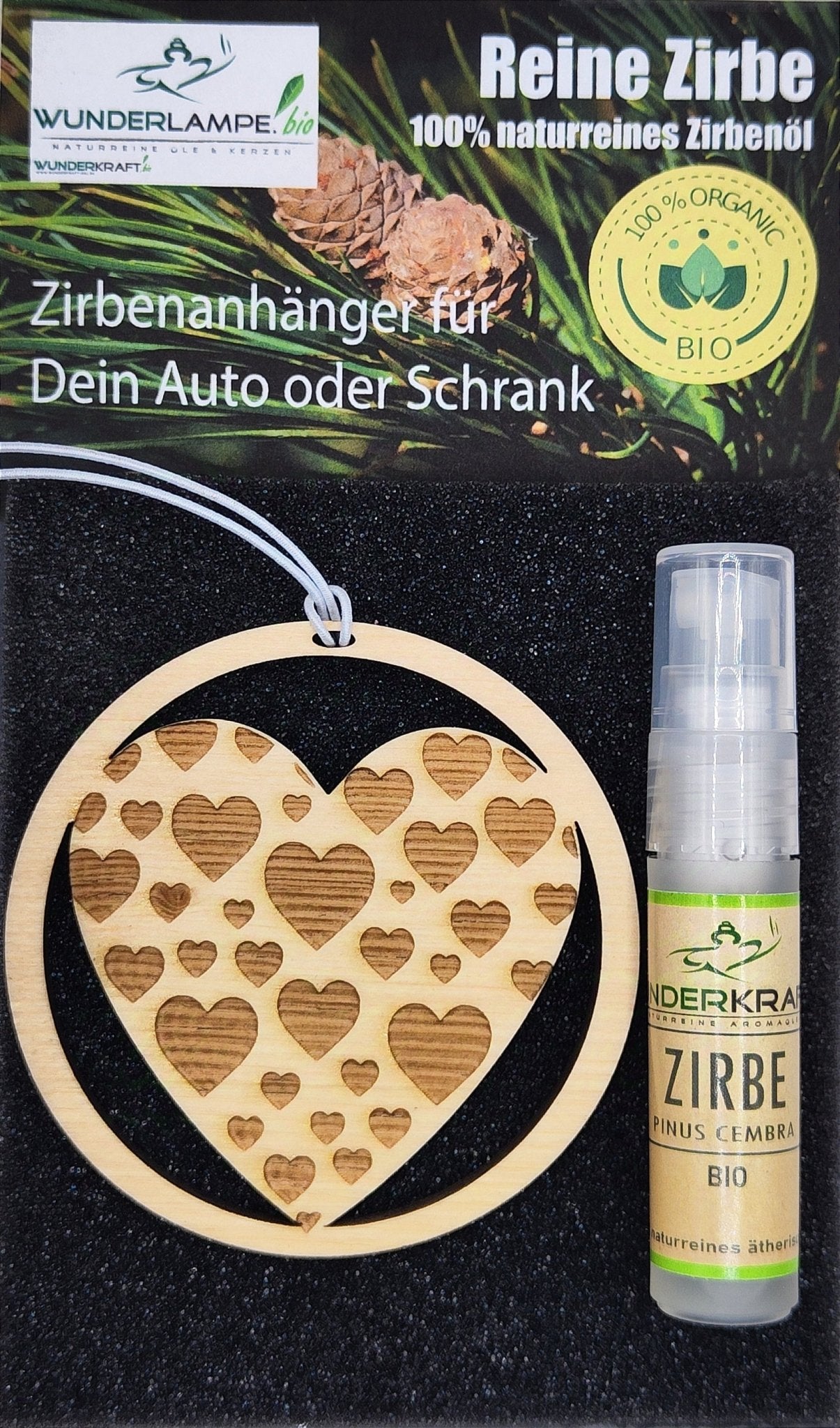 Zirben Duftbaum "HERZ", Lufterfrischer inkl. 5ml 100% naturreinen Bio Zirbenöl - Wunderkraft.bio