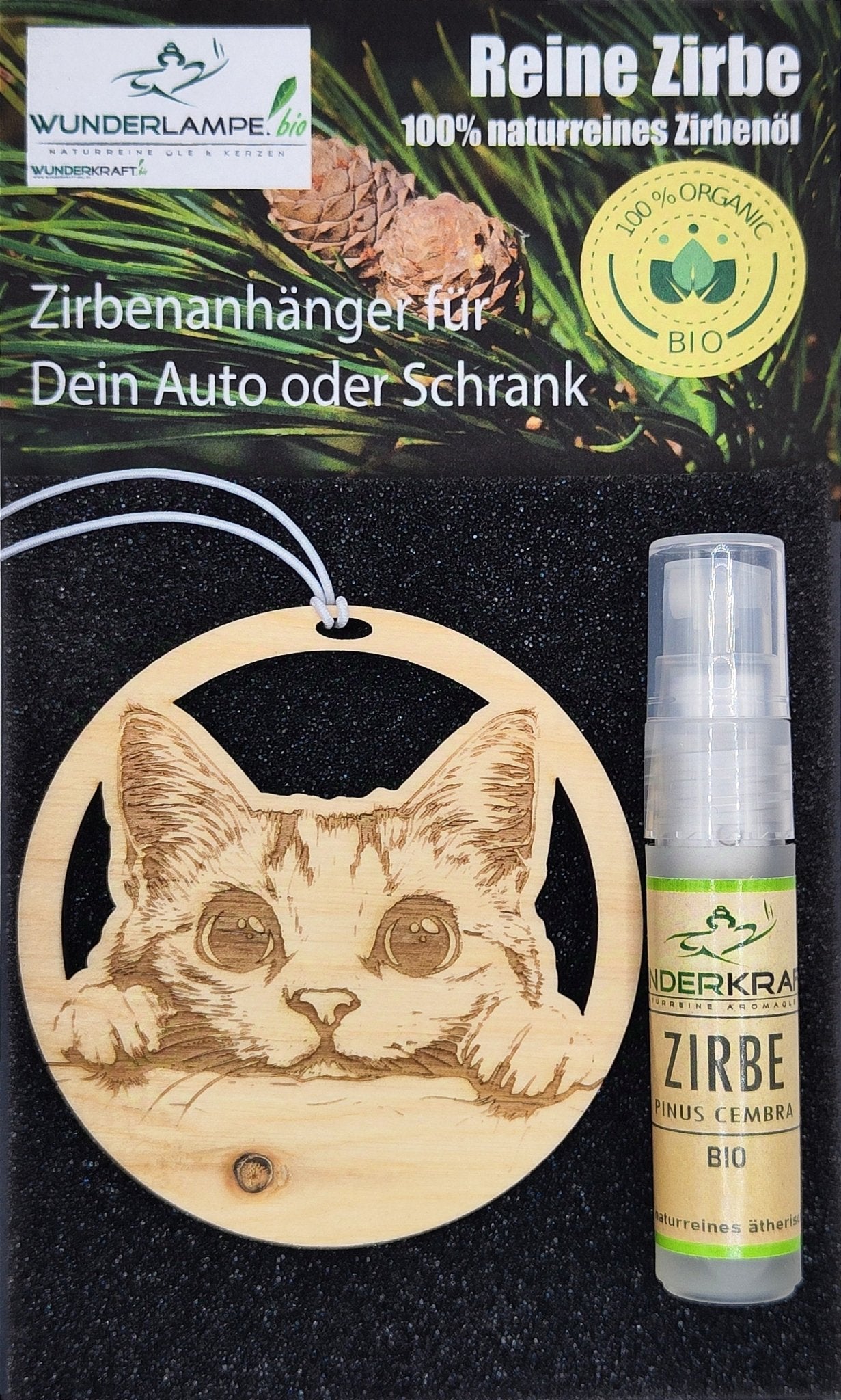 Zirben Duftbaum "KATZE", Lufterfrischer inkl. 5ml 100% naturreinen Bio Zirbenöl - Wunderkraft.bio