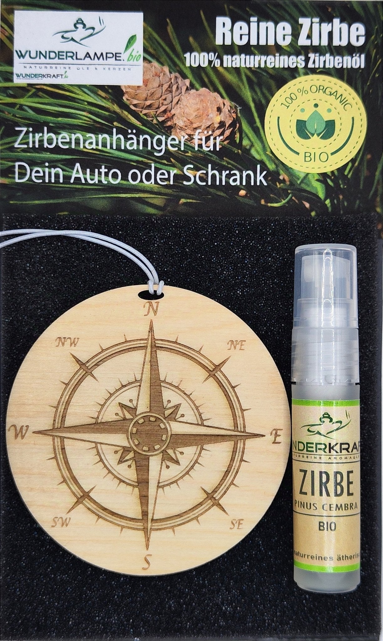 Zirben Duftbaum "KOMPASS", Lufterfrischer inkl. 5ml 100% naturreinen Bio Zirbenöl - Wunderkraft.bio