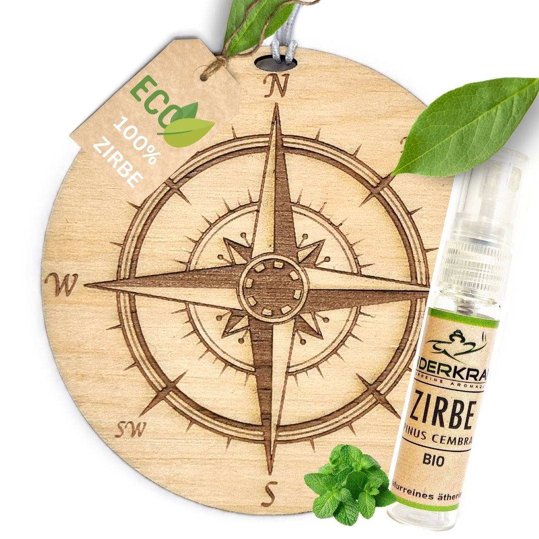 Zirben Duftbaum "KOMPASS", Lufterfrischer inkl. 5ml Bio Zirbenölspray - Wunderkraft.bio von Wunderlampe.bio