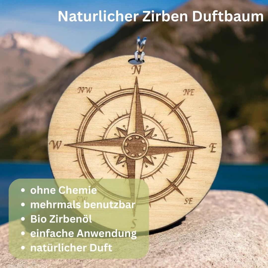Zirben Duftbaum "KOMPASS", Lufterfrischer inkl. 5ml Bio Zirbenölspray - Wunderkraft.bio von Wunderlampe.bio