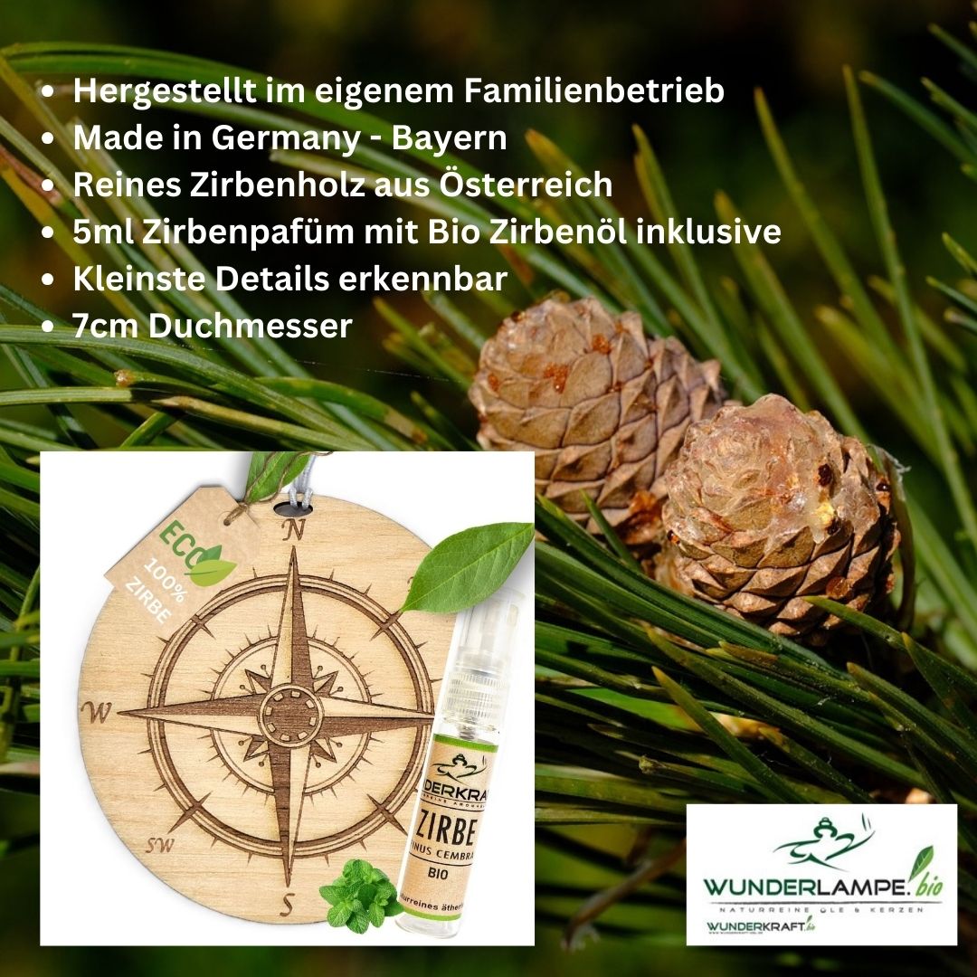 Zirben Duftbaum "KOMPASS", Lufterfrischer inkl. 5ml Bio Zirbenölspray - Wunderkraft.bio von Wunderlampe.bio