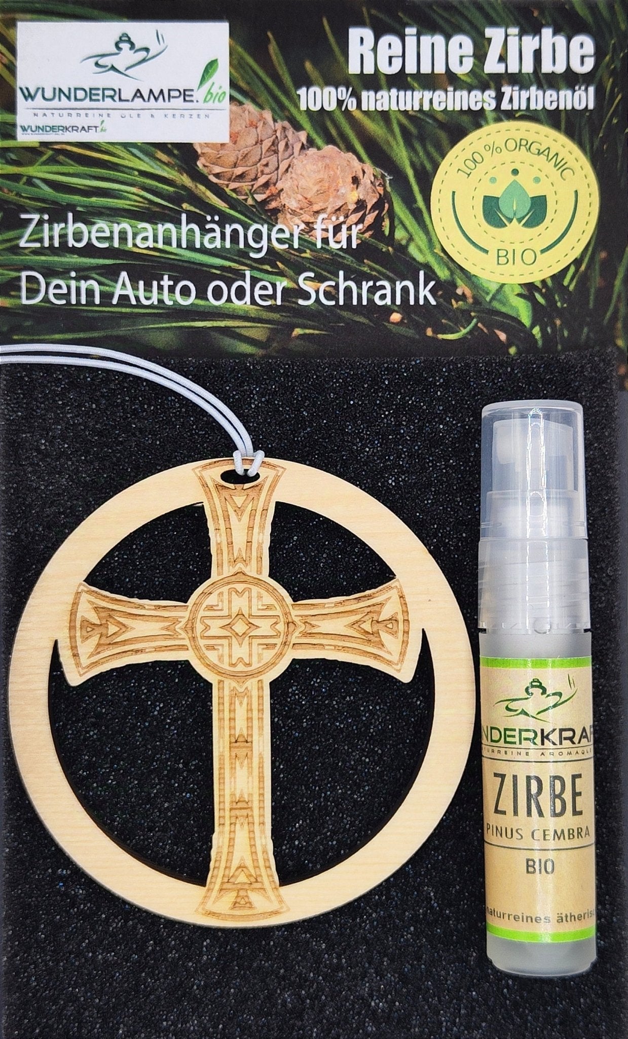 Zirben Duftbaum "KREUZ", Lufterfrischer inkl. 5ml 100% naturreinen Bio Zirbenöl - Wunderkraft.bio