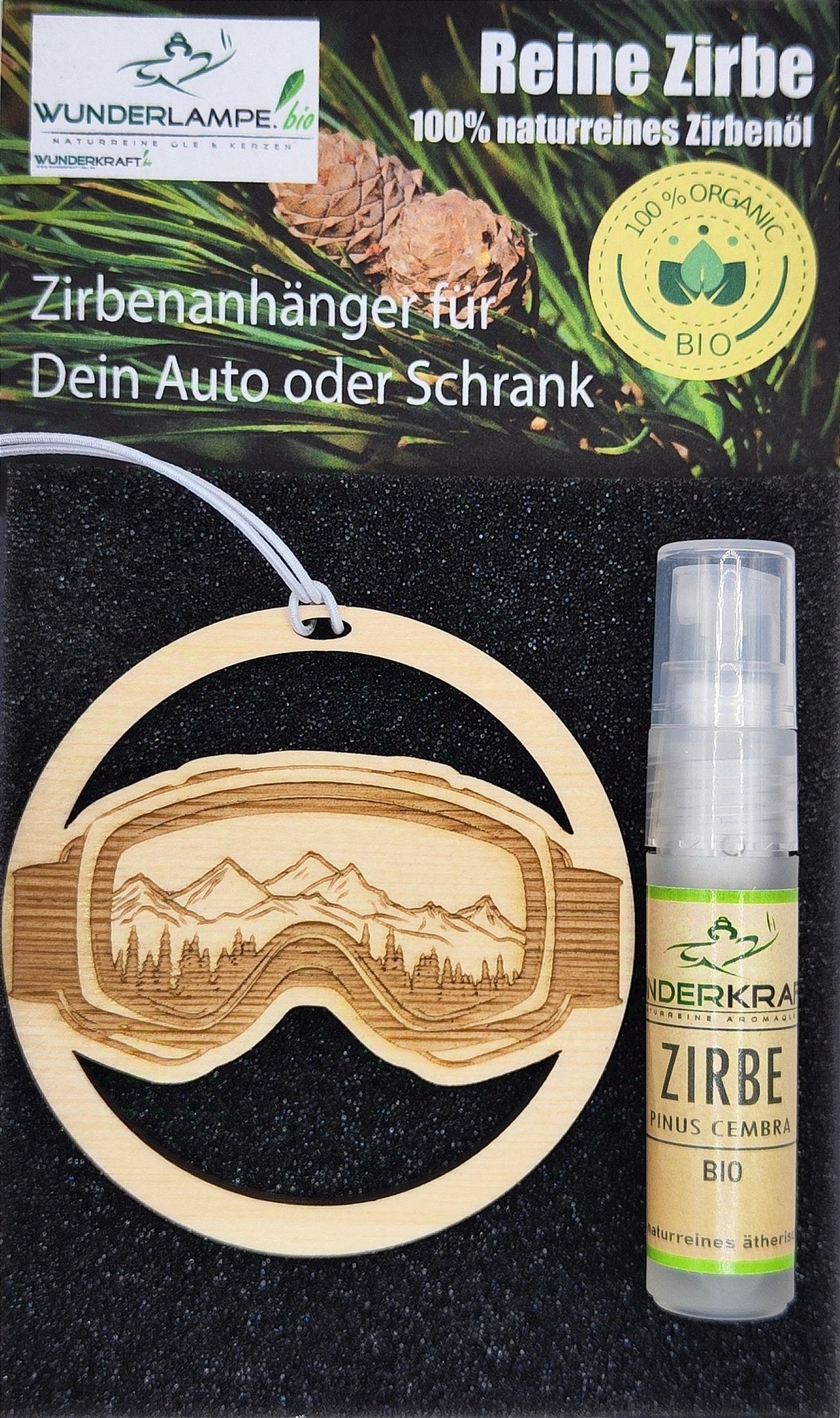 Zirben Duftbaum "SKIBRILLE", Lufterfrischer inkl. 5ml 100% naturreinen Bio Zirbenöl - Wunderkraft.bio