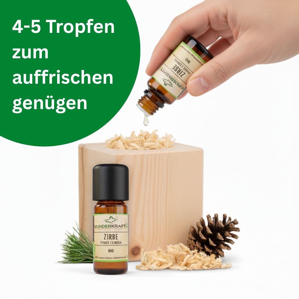 Zirben Würfel Duft Set / Baum des Lebens Motiv / Zirbenholz Würfel mir Zirbenspäne und 10ml Bio Zirbenöl - Wunderkraft naturals