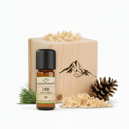 Zirben Würfel Duft Set / Berge Motiv / Zirbenholz Würfel mir Zirbenspäne und 10ml Bio Zirbenöl - Wunderkraft naturals