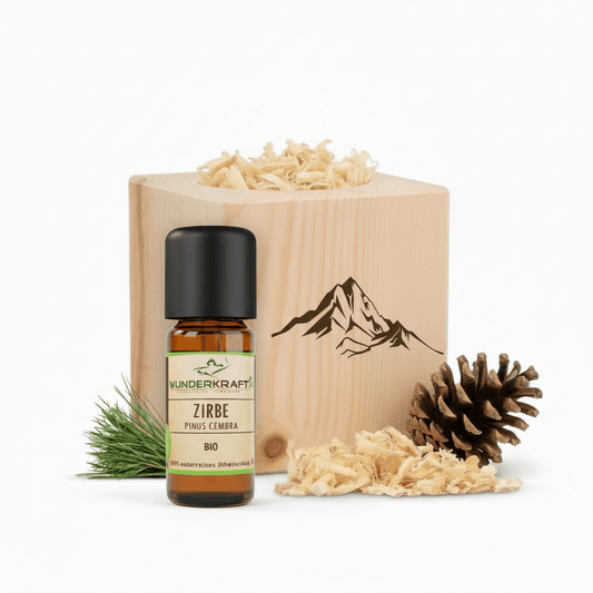 Zirben Würfel Duft Set / Berge Motiv / Zirbenholz Würfel mir Zirbenspäne und 10ml Bio Zirbenöl - Wunderkraft naturals