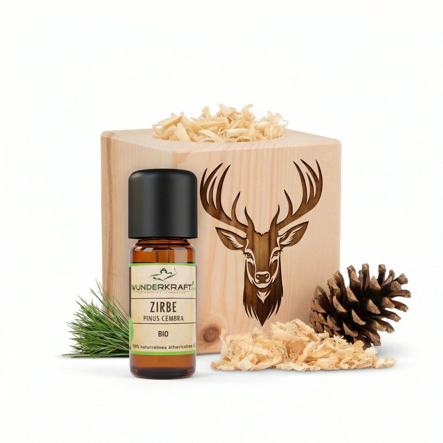 Zirben Würfel Duft Set / Hirsch Motiv / Zirbenholz Würfel mir Zirbenspäne und 10ml Bio Zirbenöl - Wunderkraft naturals