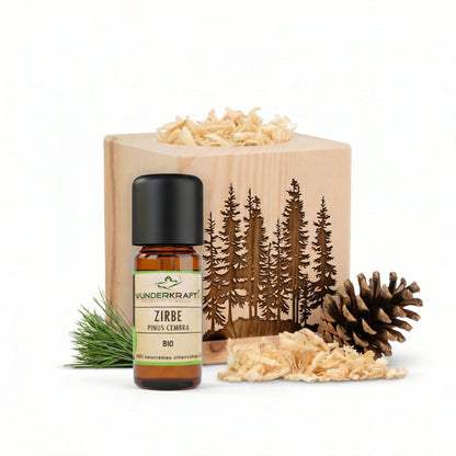 Zirben Würfel Duft Set / Wald Motiv / Zirbenholz Würfel mir Zirbenspäne und 10ml Bio Zirbenöl - Wunderkraft naturals