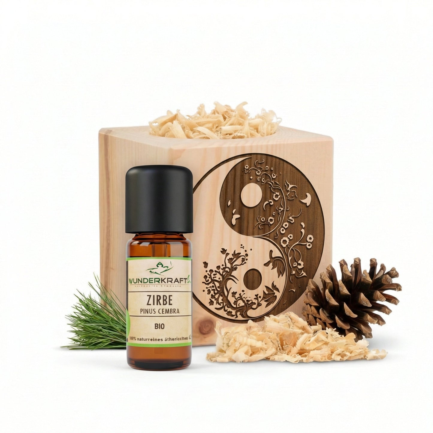 Zirben Würfel Duft Set / YingYang Motiv / Zirbenholz Würfel mir Zirbenspäne und 10ml Bio Zirbenöl - Wunderkraft naturals